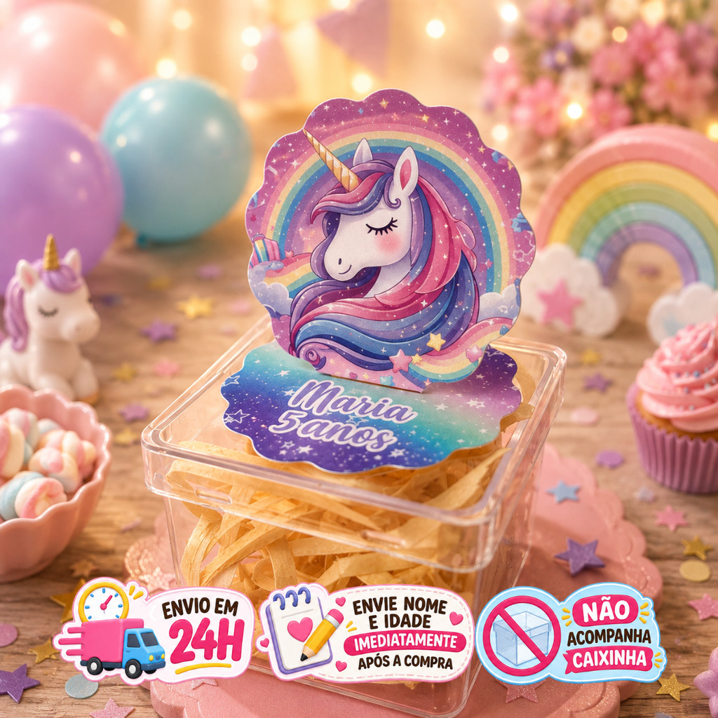 Aplique em Pé 3D Unicórnio Personalizado Lembrancinha Festa Infantil Kit 10 a 50 unidades