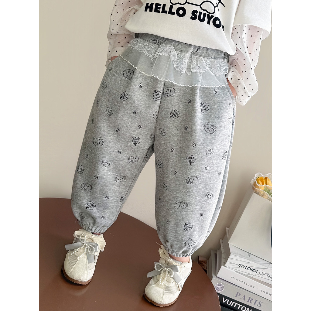 Feminino crianças primavera outono estilo dos desenhos animados impresso Leggings cinza calças casuais moda All-Match ca