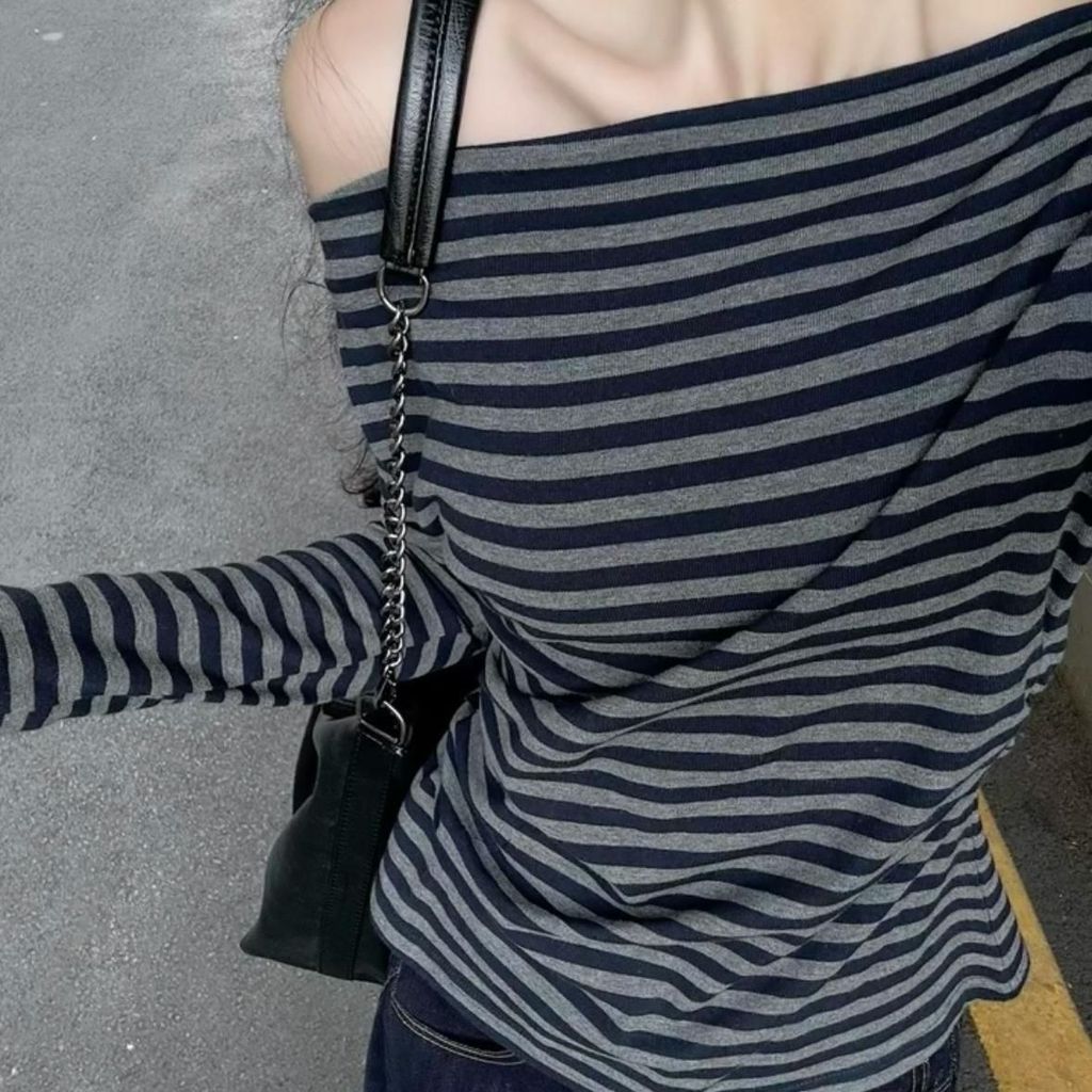 Casual estilo preguiçoso de um ombro listrado de alta qualidade de manga comprida camiseta feminina Slim-F