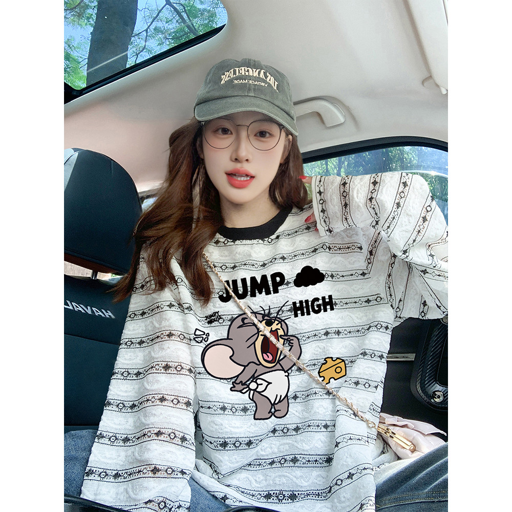 2026 novo estilo fino branco listrado manga comprida camiseta feminina início do outono estilo preguiçoso solto redução 