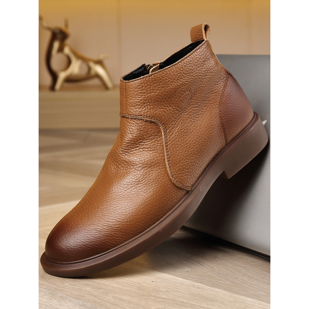 Sapatos de couro de algodão masculino couro inverno forro de lã negócios Casual zíper botas curtas camada superior pai E