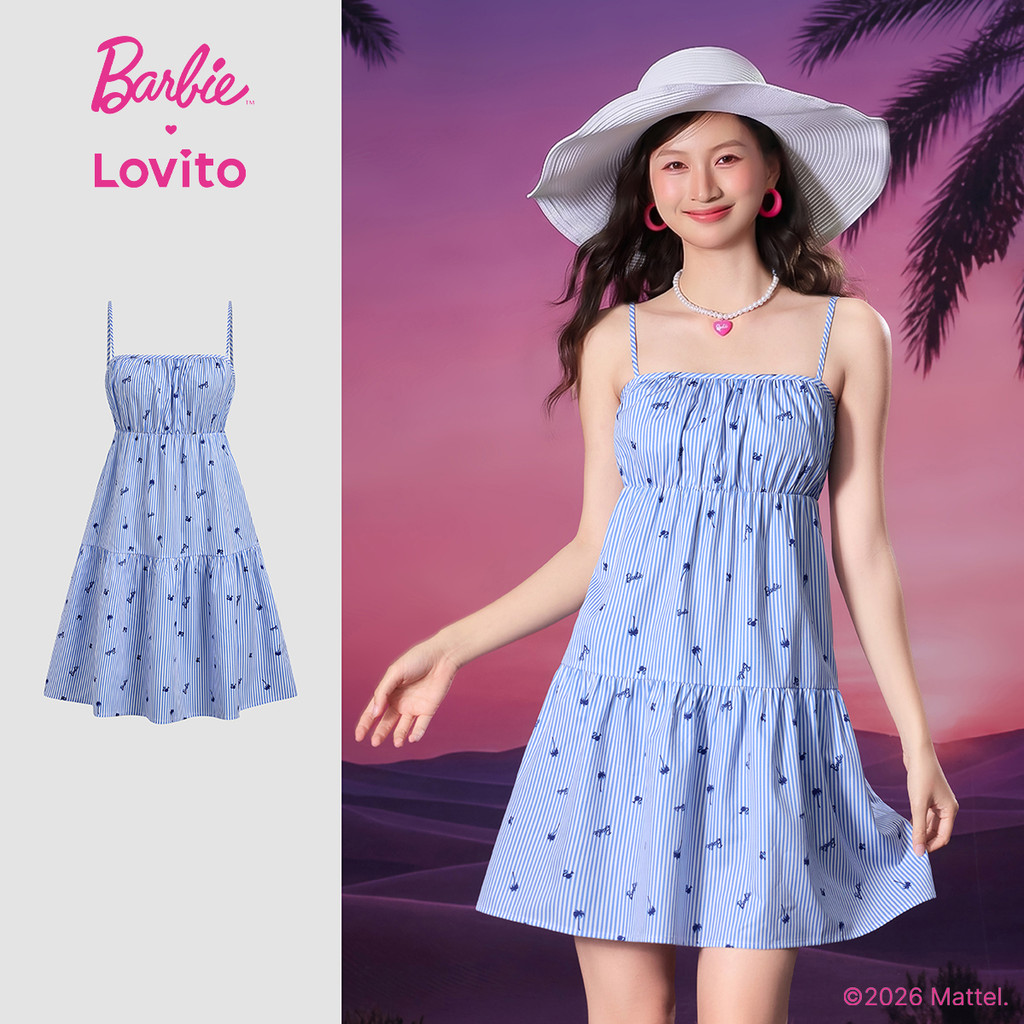Barbie™ X Lovito Vestido Listrado Azul Feminino Primavera/Verão Modelo A Mini Pregas E Ombro Descubierto LBL5AD013
