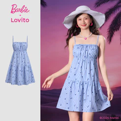 Barbie™ X Lovito Vestido Listrado Azul Feminino Primavera/Verão Modelo A Mini Pregas E Ombro Descubierto LBL5AD013