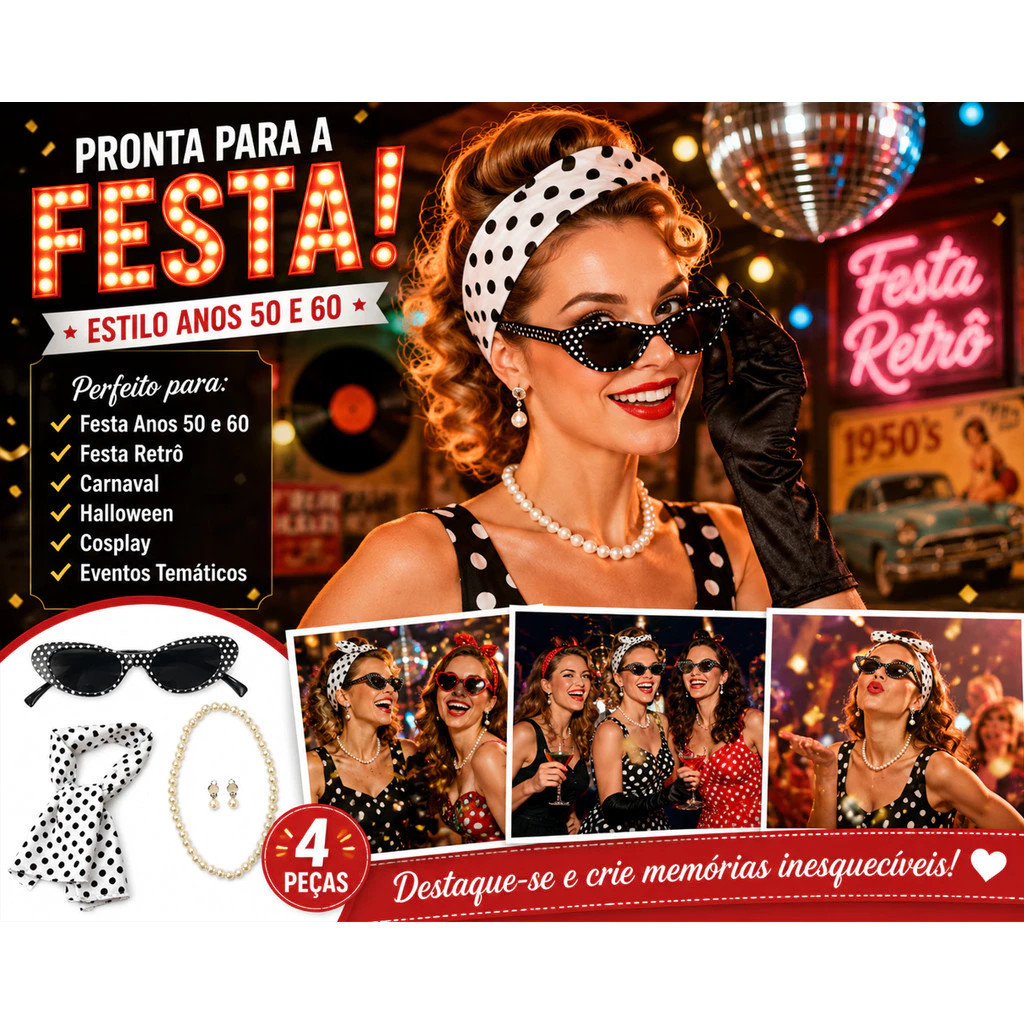Kit C/ 04 Acessórios Cosplay Audrey Hepburn Acessórios de Festa Anos 50/60 Retrô Com Óculos Lenço Colar Brinco