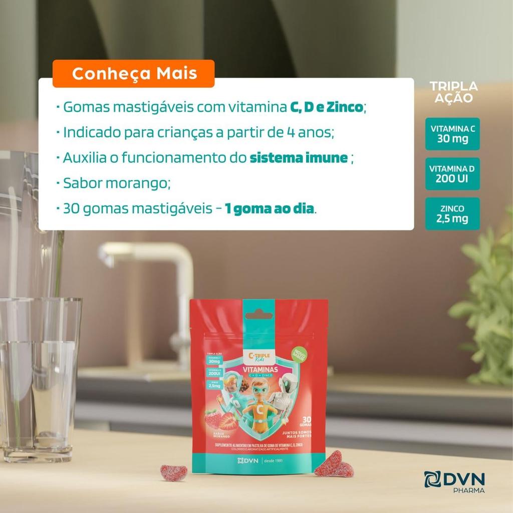 Vitamina C Gomas 30 mg + D 5 mcg + Zinco 2.5 mg 30 Unidades Sabor Morango - C-Triple Kids — imagem 2 de 2