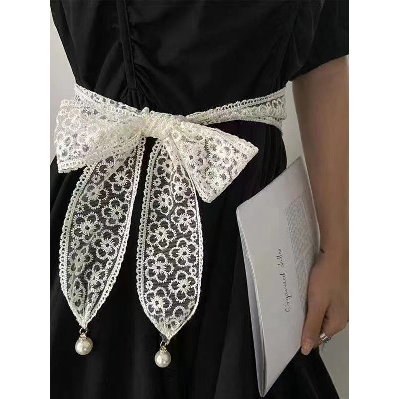 Versão coreana elegante laço atado cinto feminino pérola pingente longo fita cachecol com saia jaqueta decorativa cintur