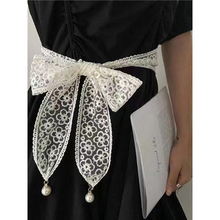 Versão coreana elegante laço atado cinto feminino pérola pingente longo fita cachecol com saia jaqueta decorativa cintur