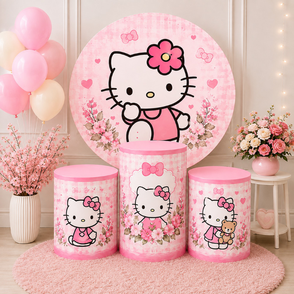 Kit Decoração Painel Redondo 150x150cm + Trio Capas Cilindros Hello Kitty