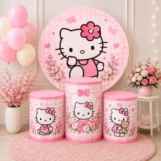 Kit Decoração Painel Redondo 150x150cm + Trio Capas Cilindros Hello Kitty