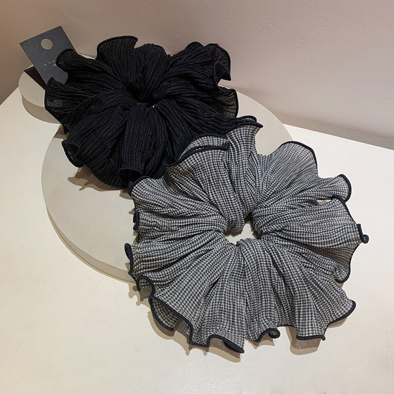 Coreano moda High-End sentimento preto cinza plissado fino xadrez Chiffon fungo borda grande elástico anel de cabelo Hea