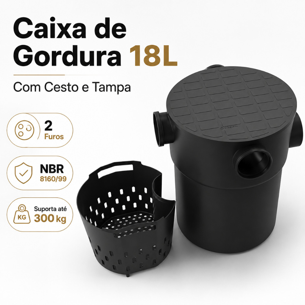 Caixa de Gordura Premium 18L Redonda com Cesto NBR 8160 DN75 DN100 Tampa Suporta até 200kg