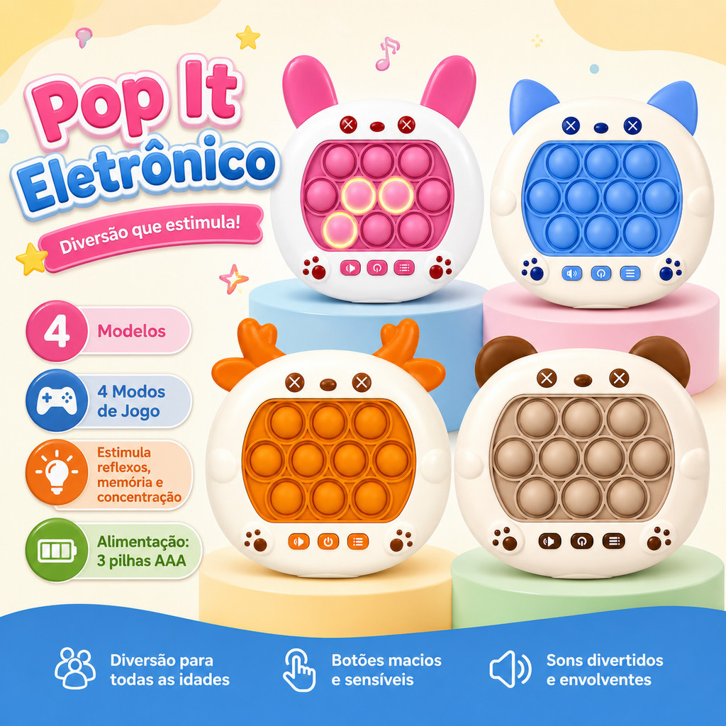 Pop It Game Eletrônico Animais Jogo Interativo 4 Modos com Luz e Som Brinquedo