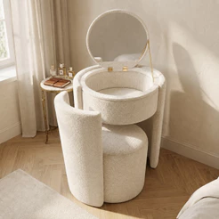 Puff Poltrona Penteadeira Luxo com Espelho e Organizador de Maquiagem – Banco Decorativo Moderno para Quarto e Closet