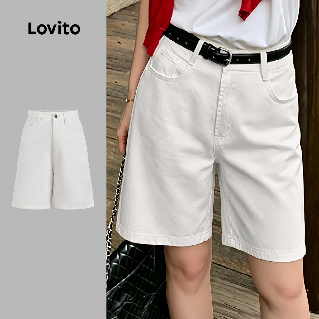 Lovito Shorts Jeans Casuais E Simples Primavera/verão Na Cor Branca Para Mulheres (sem Cinto) L200AD087