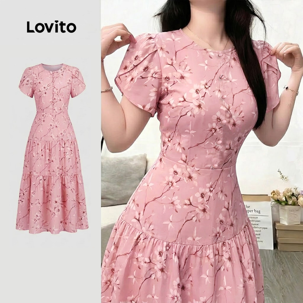 Lovito Elegante de Verão Rosa de Várias Camadas com Botões Frontais Estilo Resort L199ED099