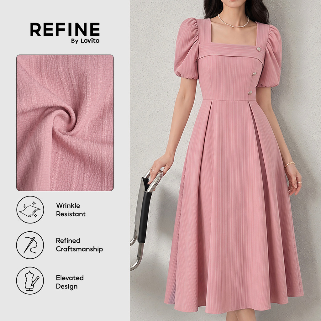 (New Arrival) (Refine by Lovito) Vestido Elegante com Botões Textura Cinza e Rosa Primavera/verão para mulheres Trabalho LR41E128