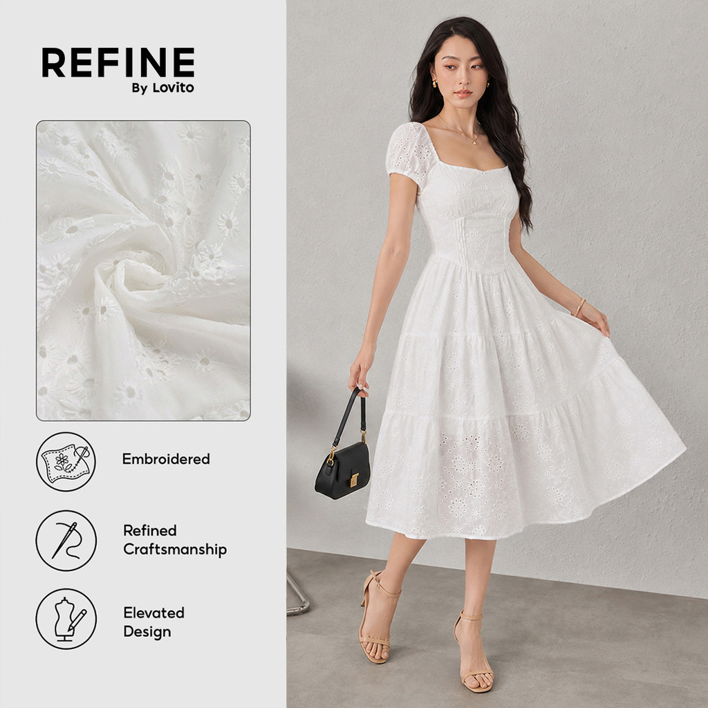 (Refine by Lovito) Vestido Elegante De Algodão Jacquard Boho Renda Casamento Primavera/verão Branco Feminino Trabalho LR13E224