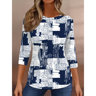 2026 Moda Feminina Primavera Verão Novo Estilo Roupas Femininas, Retro Geométrico Impresso Gola Redonda Mangas Três Quar
