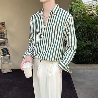 Primavera outono listrado camisa de manga comprida na moda masculina bonito estilo artístico casual polegada camisa esti