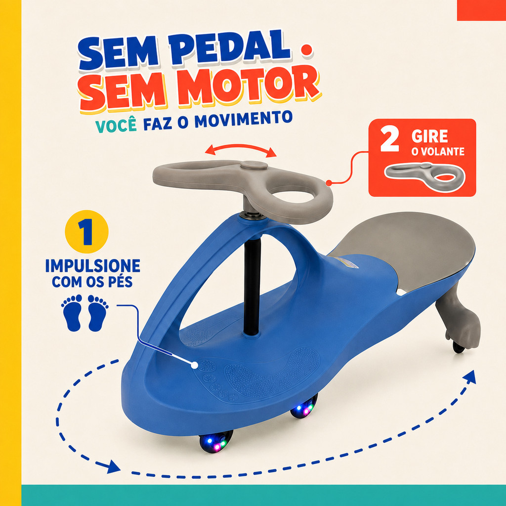 Carrinho Rolimã Infantil Gira 360 Graus LED nas Rodas Zippy Car Compact Suporta Até 80kg Reforçado Menino Kizumba Azul — imagem 2 de 2
