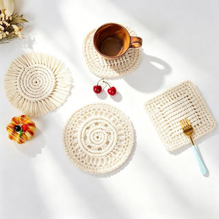 Porta-Copos Feitos À Mão De Macramê De Algodão , 2 Peças , Boho Contemporâneo , Resistente Ao Calor , Franja Redonda E D