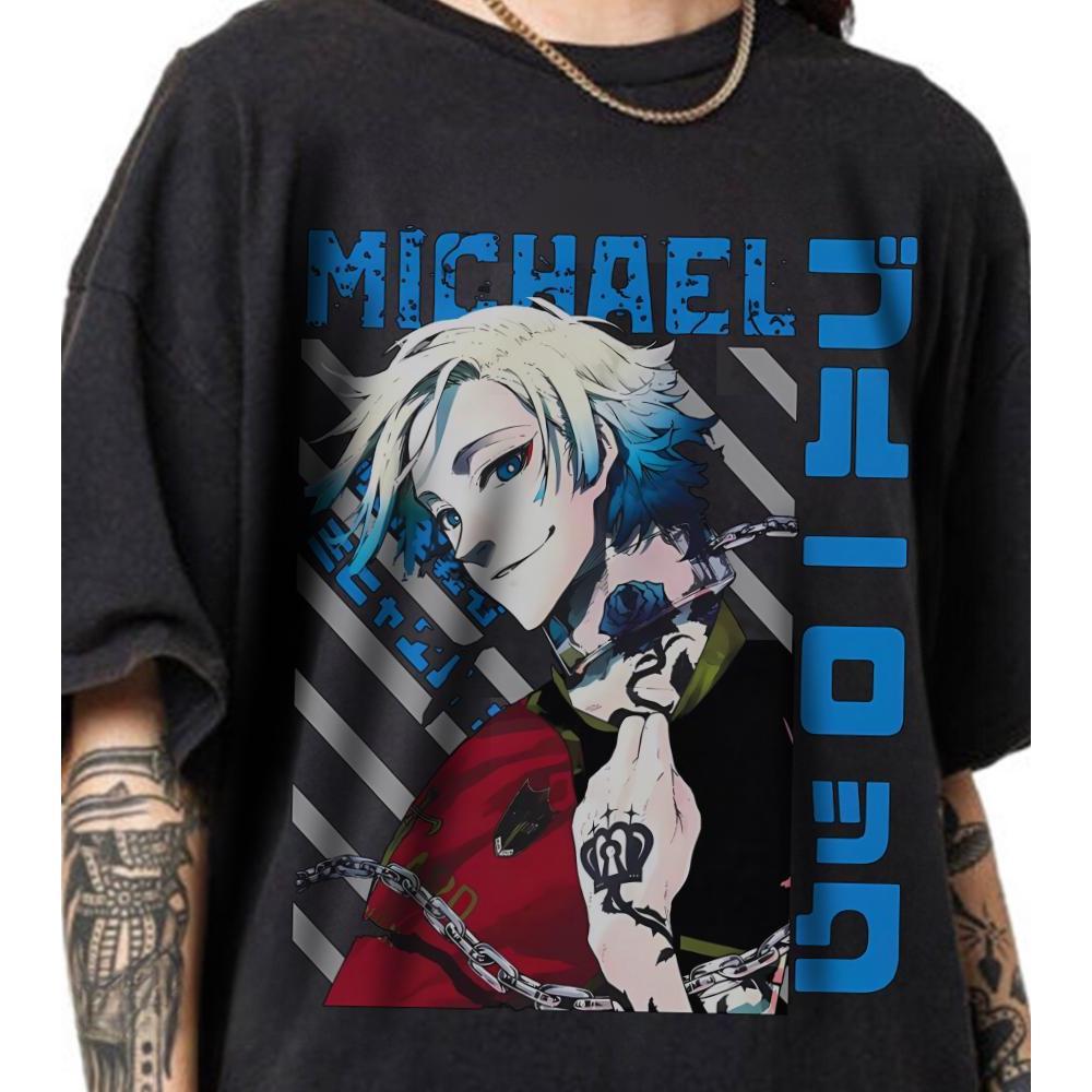 Camiseta de Algodão Estampa Blue Lock Michael Anime Personagem Manga Curta Modelo Unissex