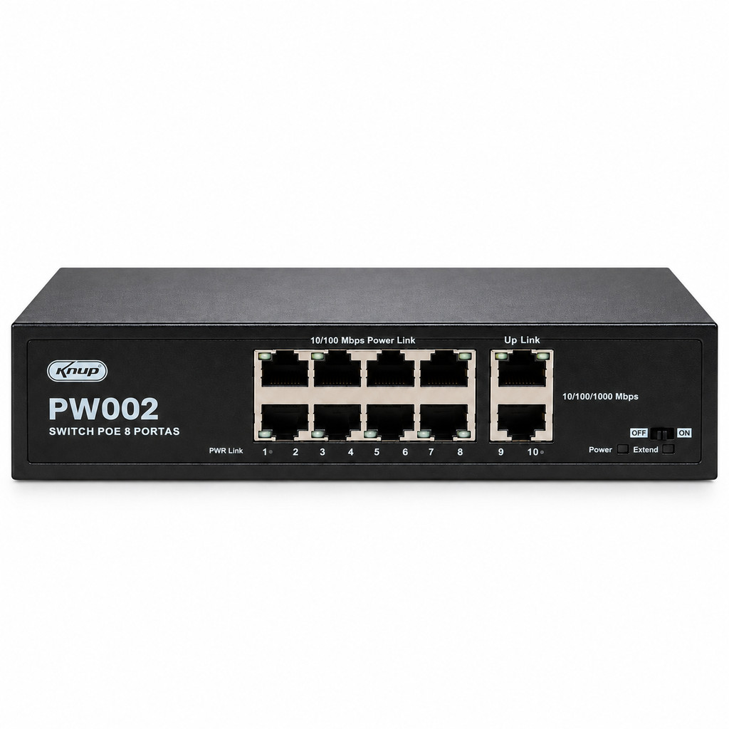 Switch PoE 8 Portas 10/100Mbps 2 Uplink Gigabit para CFTV Câmeras IP Até 120W Alcance 150m RJ45 Knup KP-PW002