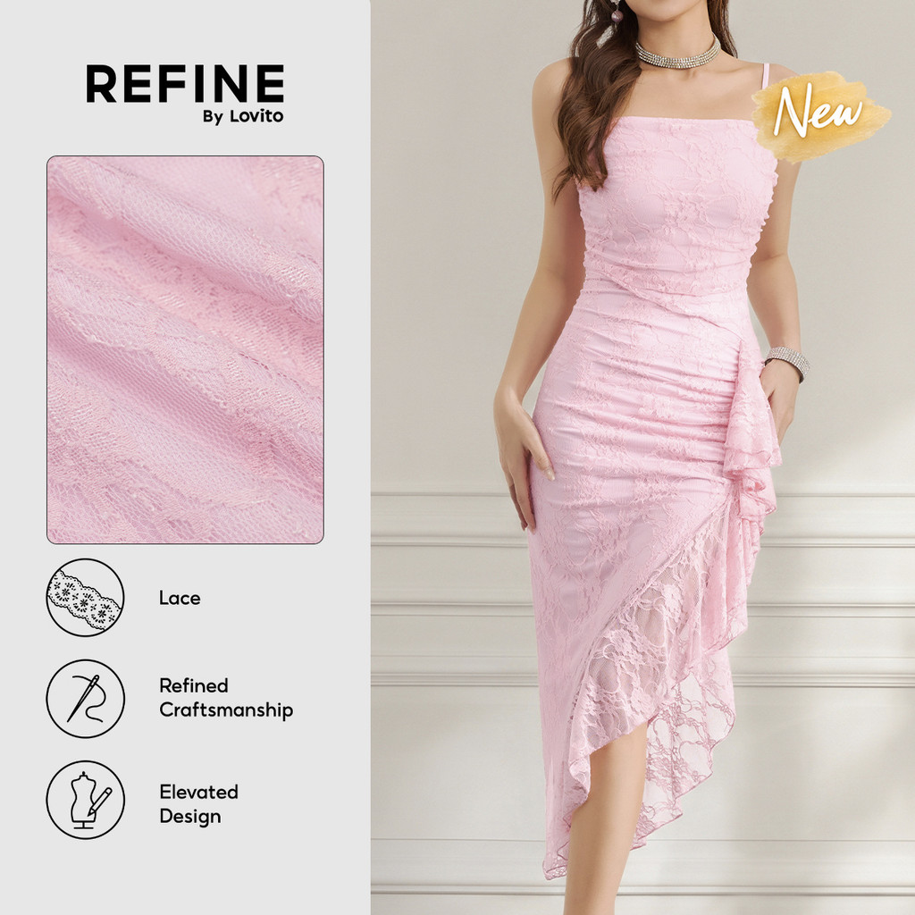 (New Arrival) (Refine by Lovito) Vestido Rosa Feminino Formal Jacquard Floral Longo De Renda Com Babado Assimétrico Bordado DRR44P1D117
