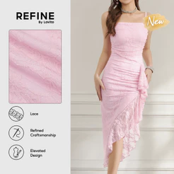 (New Arrival) (Refine by Lovito) Vestido Rosa Feminino Formal Jacquard Floral Longo De Renda Com Babado Assimétrico Bordado DRR44P1D117