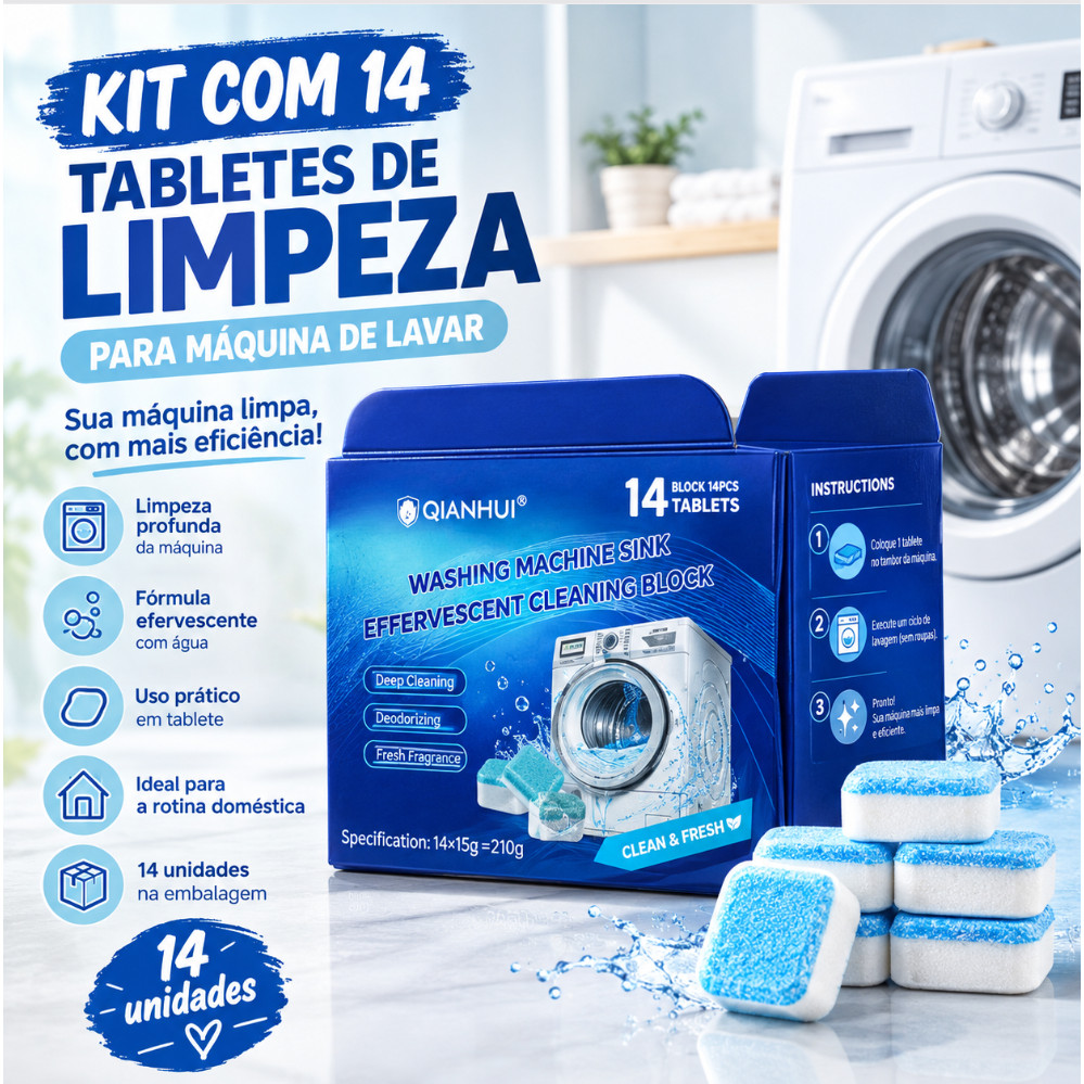 14 Tabletes Efervescentes para Limpeza de Máquina de Lavar Roupas Limpeza do Tambor