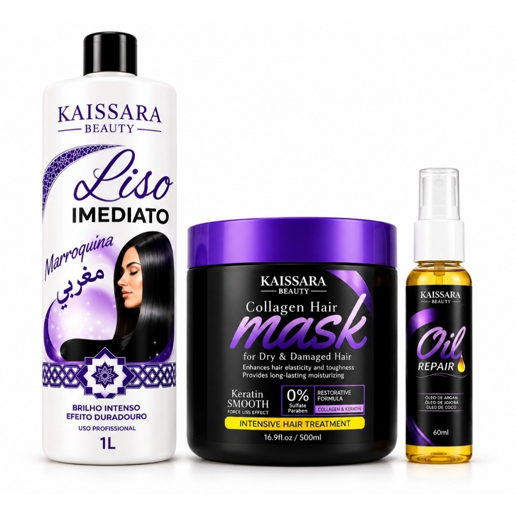 Kit Marroquina progressiva + Máscara Collagen 500g + Óleo Kaissara Beauty – Hidratação e Reparação Capilar