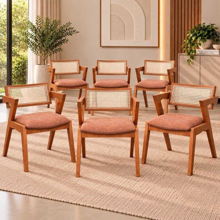 Kit 6 Cadeiras Verona Madeira Maciça com Rattan Fibra Natural Espresso Móveis Champagne/Couro Marrom
