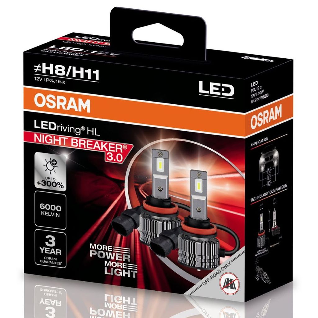 Par Lâmpada Osram LEDriving® HL Night Breaker 3.0 H8 / H11 6000K Super Branca 12v 40w 3 Anos de Garantia