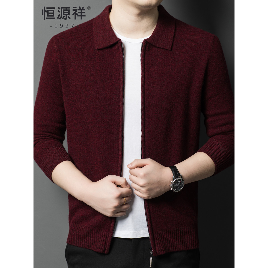 Hengyuanxiang ano novo camisola de caxemira Cardigan masculino pai camisola vermelha outono inverno engrossado Benming a