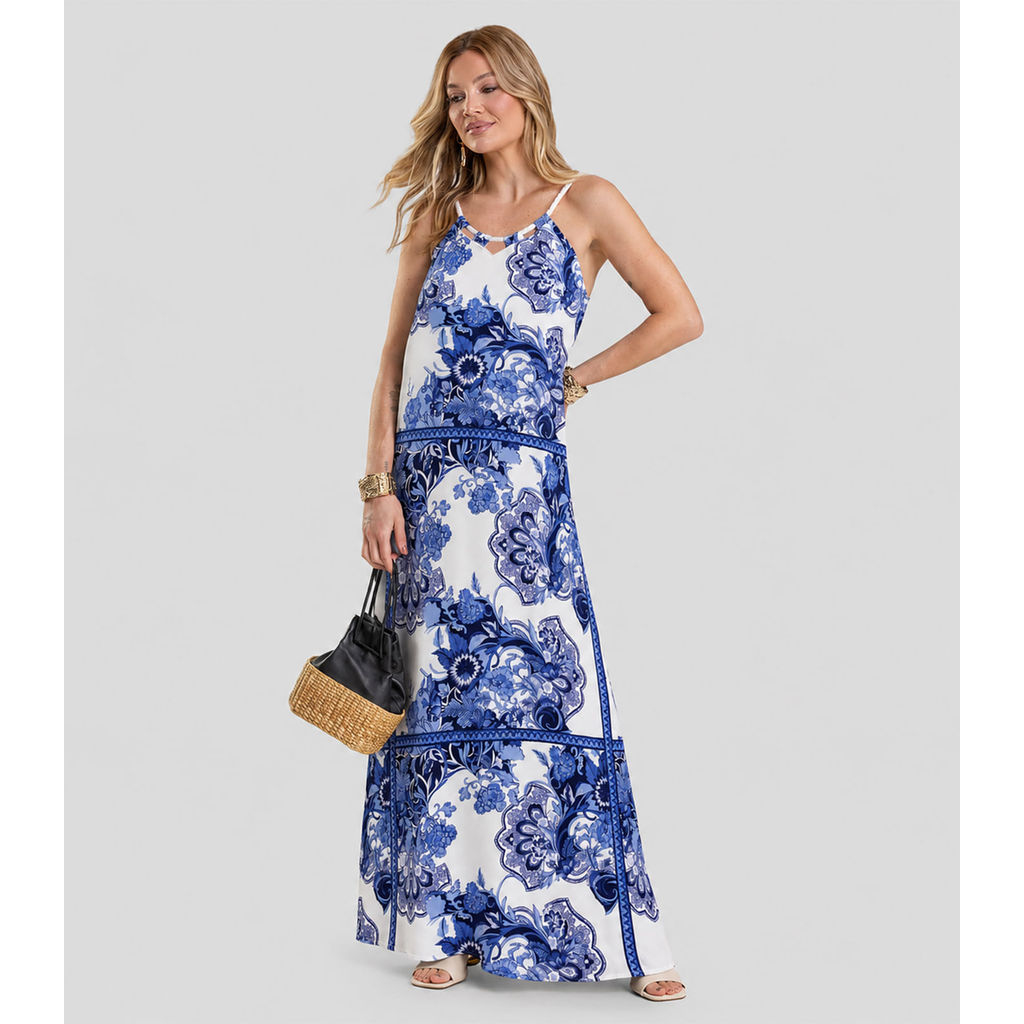 Vestido Longo Feminino em Tecido Estampado Dianna Azul