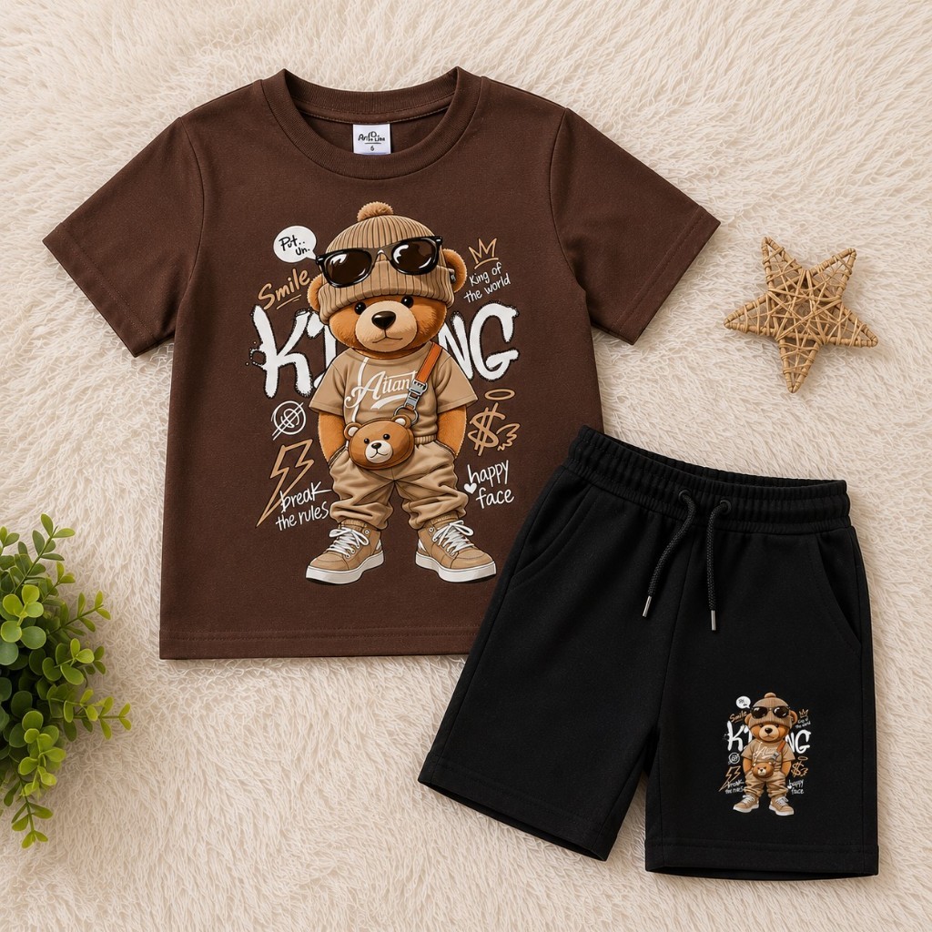 Conjunto Infantil Camiseta de Algodão e Short Moletinho Urso Estiloso Casual Infanto Juvenil Menino Moderno