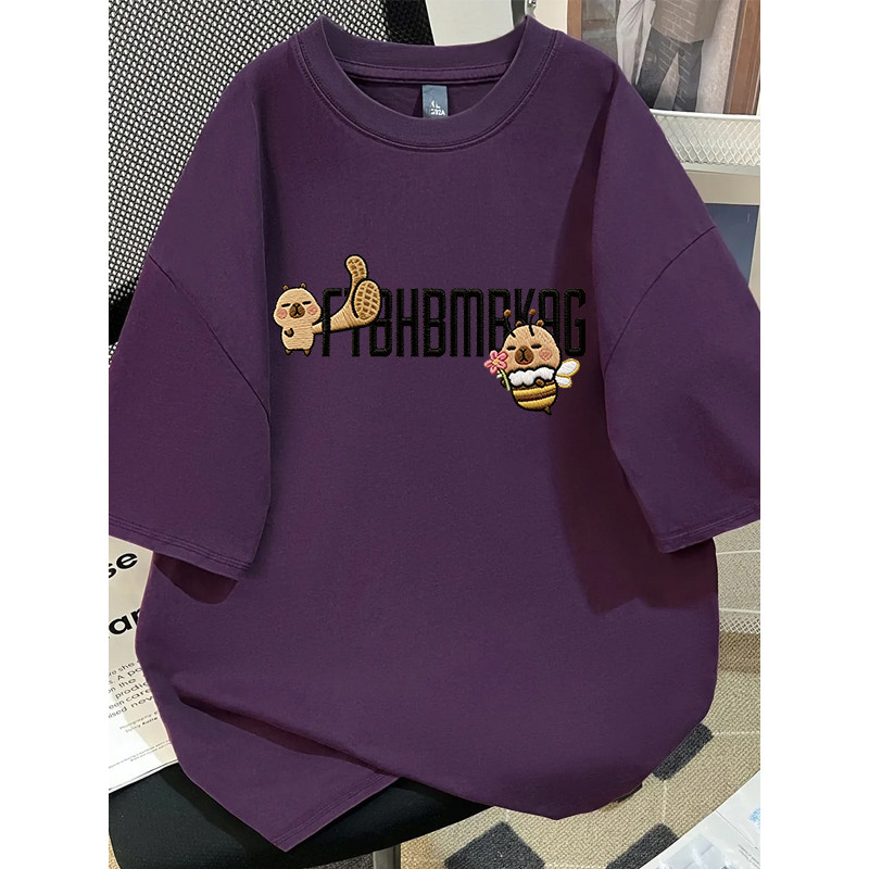 100% algodão pesado camiseta imitação bordado Capibara impresso médio grande crianças em torno do pescoço verão estudant