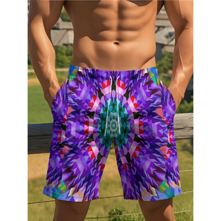 Shorts principalmente tons roxos, padrões geométricos coloridos, Design com cordão, estilo exclusivo.