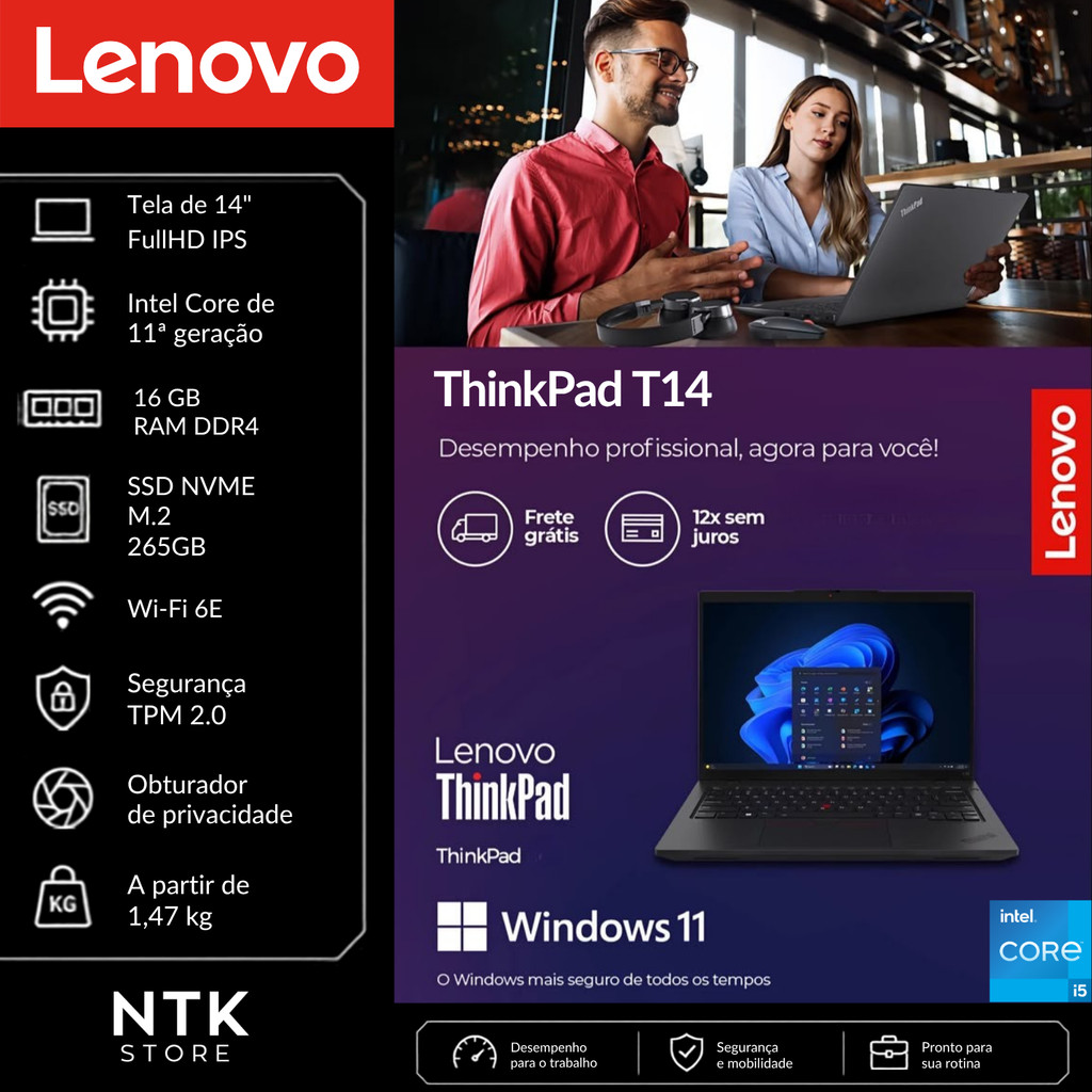Notebook Lenovo ThinkPad T14 Gen2 Intel Core i5 11th /16gb ram / 256gb ssd /Tela 14"FHD