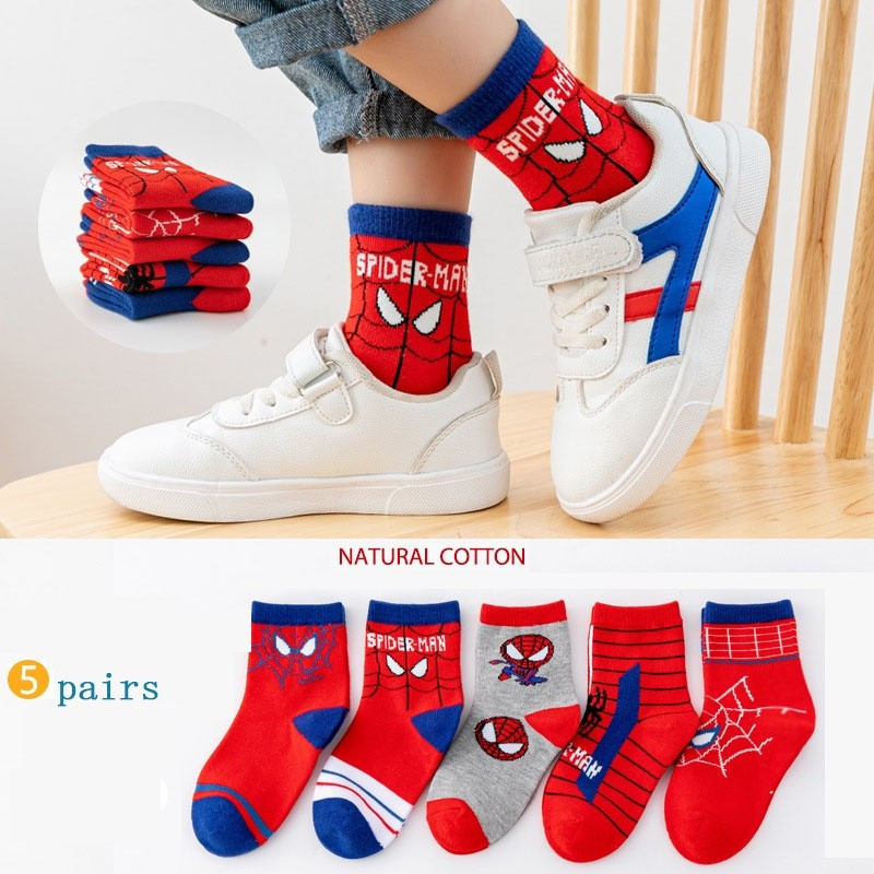 5 pares de meias de algodão respiráveis para crianças, com estampa do Homem-Aranha, adequadas para uso sazonal por crian
