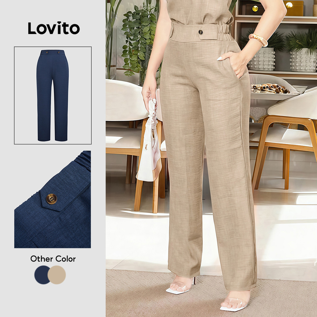 Lovito Cintura Alta Elegante Calças plissadas primavera/verão calças cáqui para mulheres L176LD105