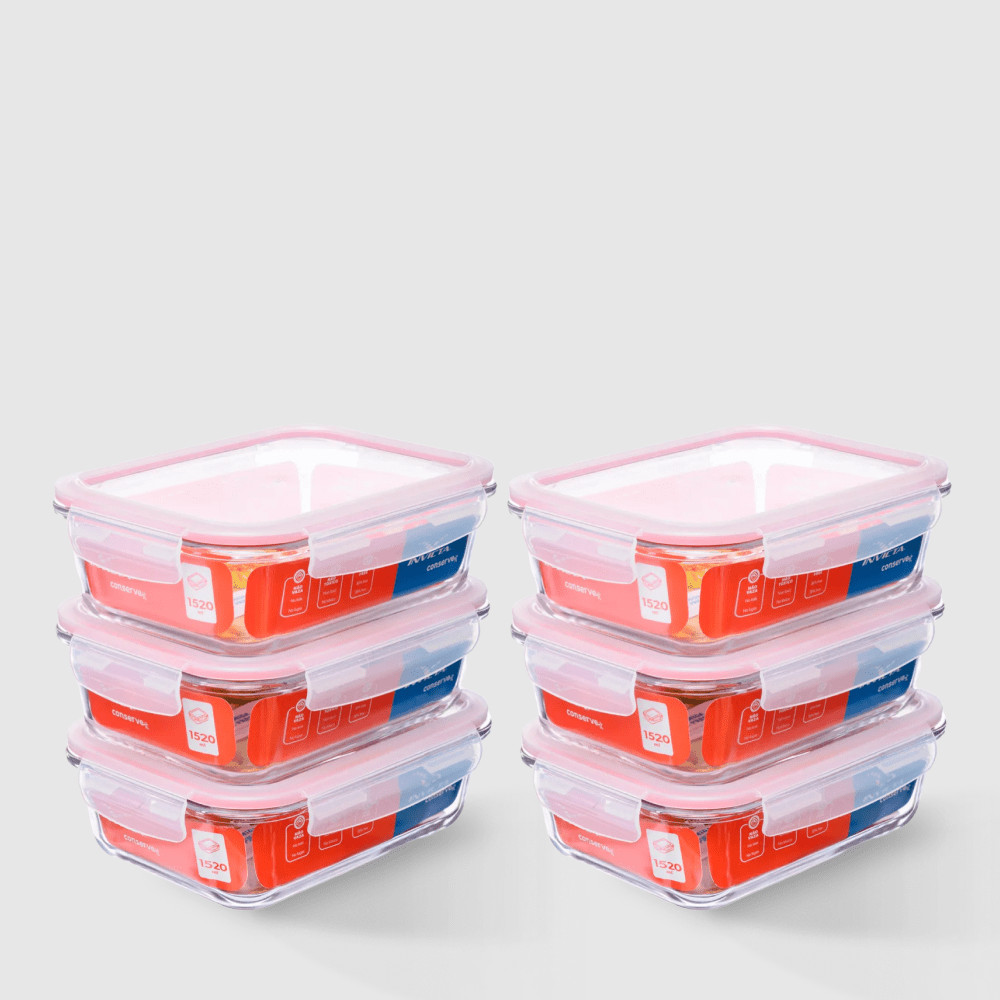Kit com 6 Potes de Vidro Herméticos Retangulares 1,5L Invicta