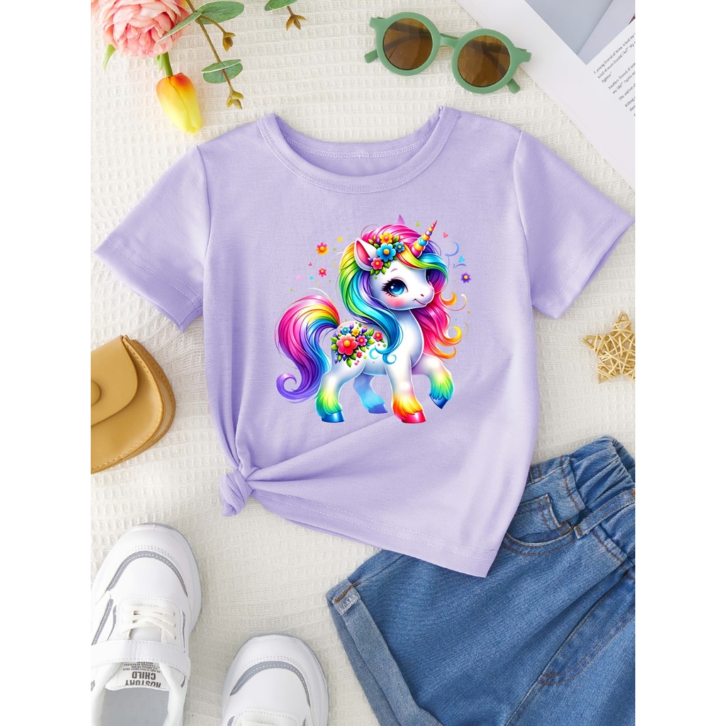 Camiseta Feminina Infantil com Estampa de Unicórnio Arco-Íris, Desenho Animado Fofo e Doce