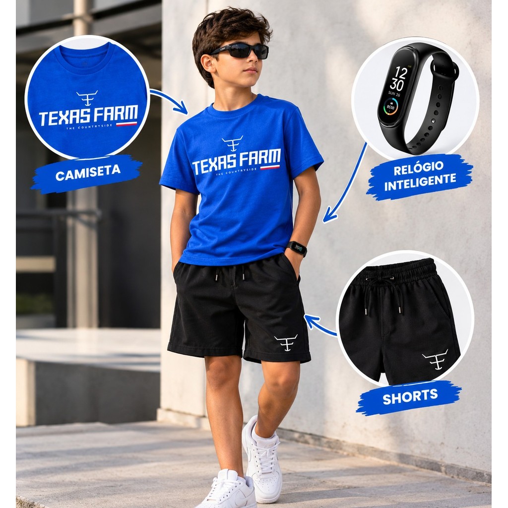 Kit Conjunto Infantil Masculino Country Camiseta Bermuda Moletinho + Relógio Digital