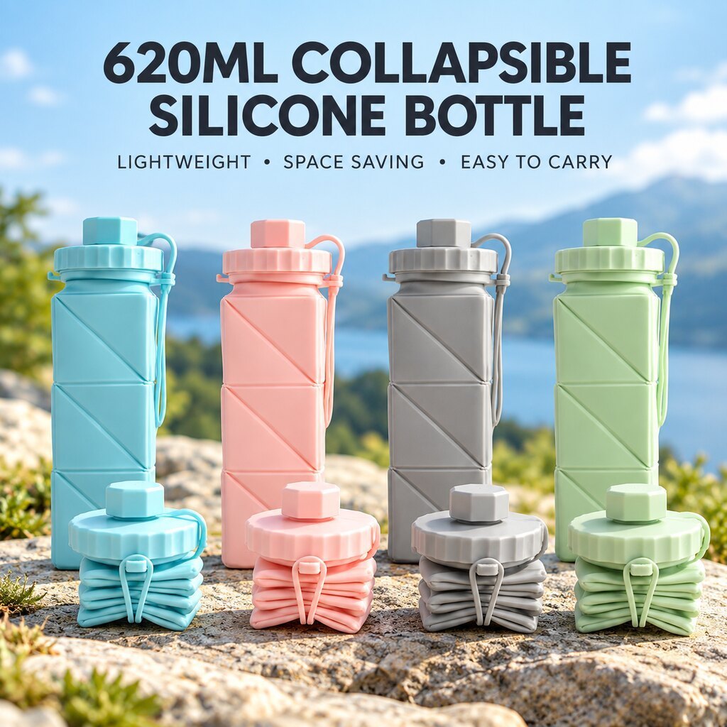 Copo de água dobrável de silicone Garrafa de água portátil 620ml Garrafa de água dobrável de silicone de qualidade alime