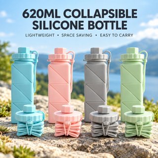 Copo de água dobrável de silicone Garrafa de água portátil 620ml Garrafa de água dobrável de silicone de qualidade alime