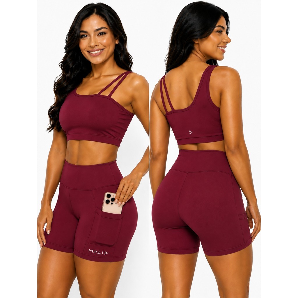 Conjunto Fitness Top + Short Vinho com Bolso Lateral Cintura Alta Poliamida Zero Transparência Academia Treino Mali