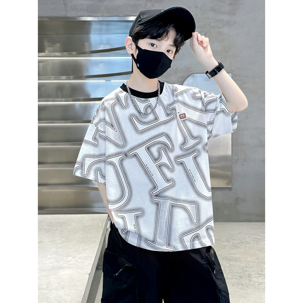 Meninos verão camiseta de manga curta 2026 novo estilo verão estilo camiseta médio grande crianças verão meninos puro al