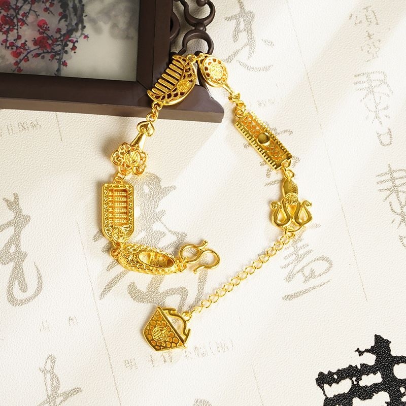 Novo estilo método antigo areia ouro Fu personagem oito tesouros pulseira meninas luz luxo nicho requintado vietnã areia