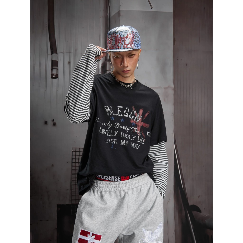 Costura falsa de duas peças de manga comprida camiseta masculina primavera outono pesado estilo americano contraste cor 